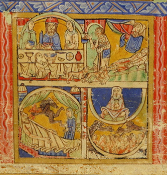 The Rich Man and Lazarus, illuminated Psalter, England, c. 1160: